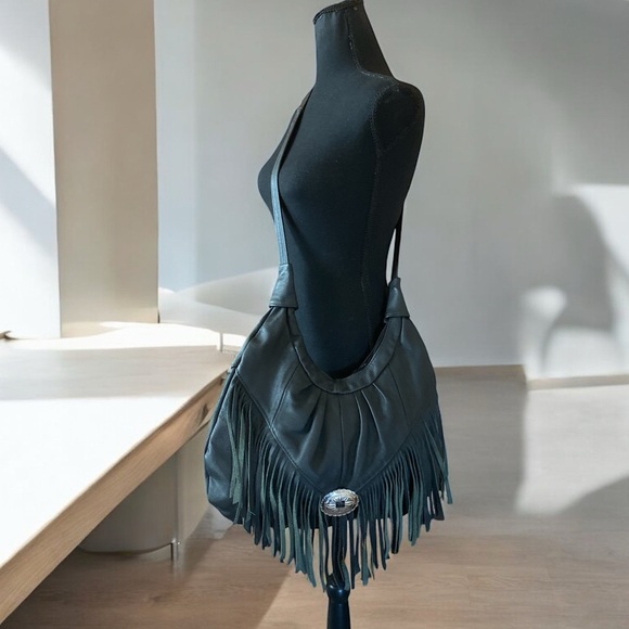 Leather Western Fringe Crossbody Bag Black Hobo Concho Bag 15 x 14 NWOT - Picture 7 of 17